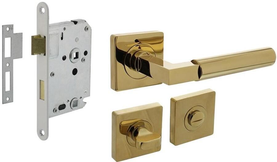 Intersteel Set toiletslot 63 8mm wit met deurkruk Baustil op rozet 55x55mm en WC-sluiting PVD messingkleur
