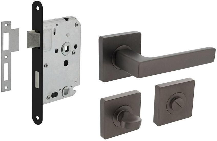 Intersteel Set toiletslot 63 8mm zwart met deurkruk Hera op rozet 55x55mm en WC-sluiting antraciet grijs