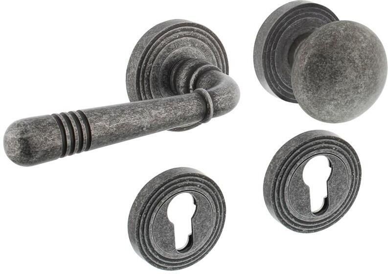 Intersteel Wisselgarnituur links 1725 Emily op rond rozet met ril messing + PZ oud grijs