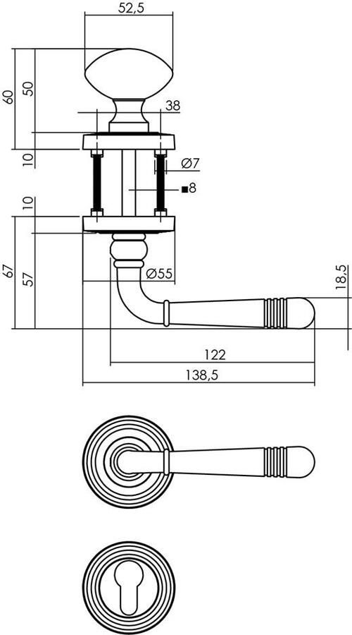 Intersteel Wisselgarnituur rechts 1725 Emily op rond rozet met ril + PZ chroom nikkel mat