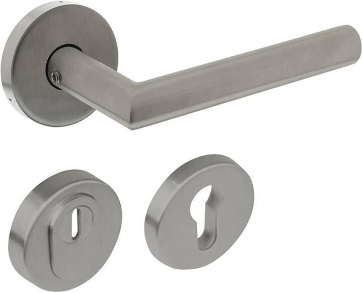 Intersteel Set achterdeurbeslag rond deurkruk Jura met massieve rozetten en SKG3 veiligheidsrozetten rvs