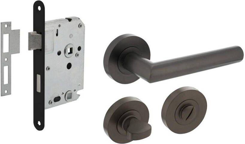 Intersteel Set toiletslot 63 8 zwart met deurkruk Bastian op rozet ø52x10mm en WC-sluiting antraciet grijs