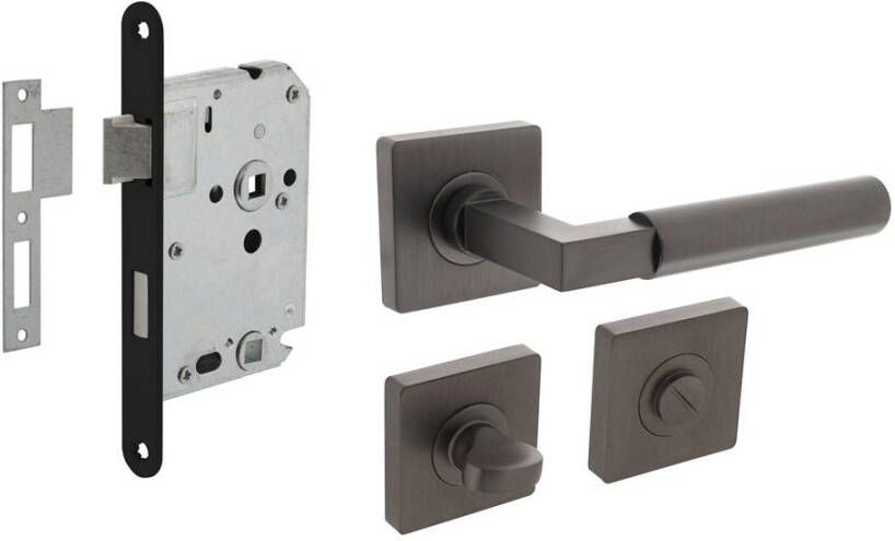 Intersteel Set toiletslot 63 8mm zwart met deurkruk Baustil op rozet 55x55mm en WC-sluiting antraciet grijs