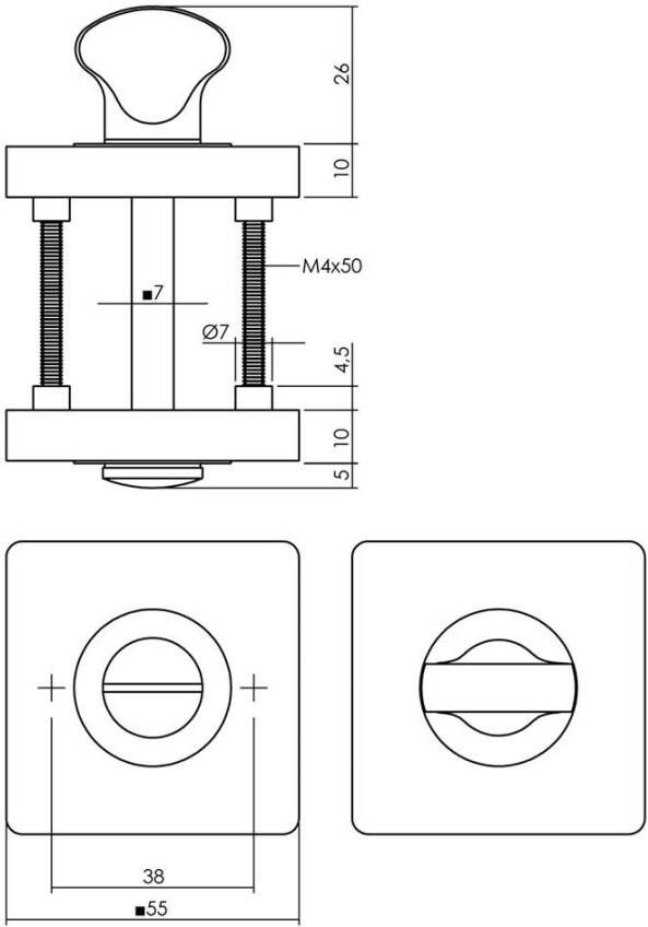 Intersteel WC-sluiting verdekt 55x55x10mm met nokken en stift 7x7mm antraciet grijs