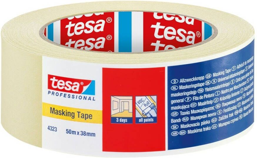 Tesa Afplakband | licht gecrêpt | lichtbeige | lengte 50 m | breedte 38 mm | wiel | 8 stuks 04323-00043-00