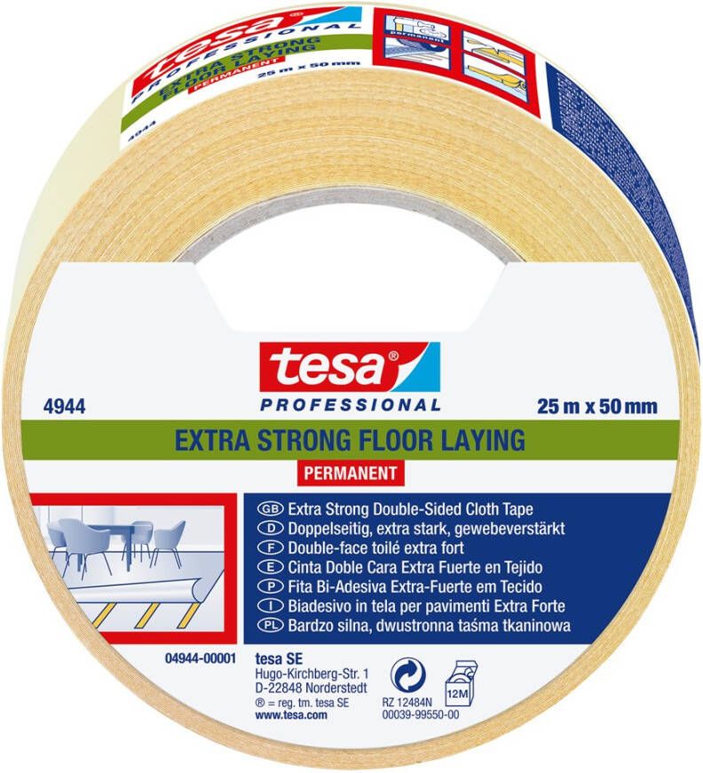 Tesa Dubbelzijdig plakband | lengte 25 m | breedte 50 mm | wit wiel | 6 stuks 04944-00001-11