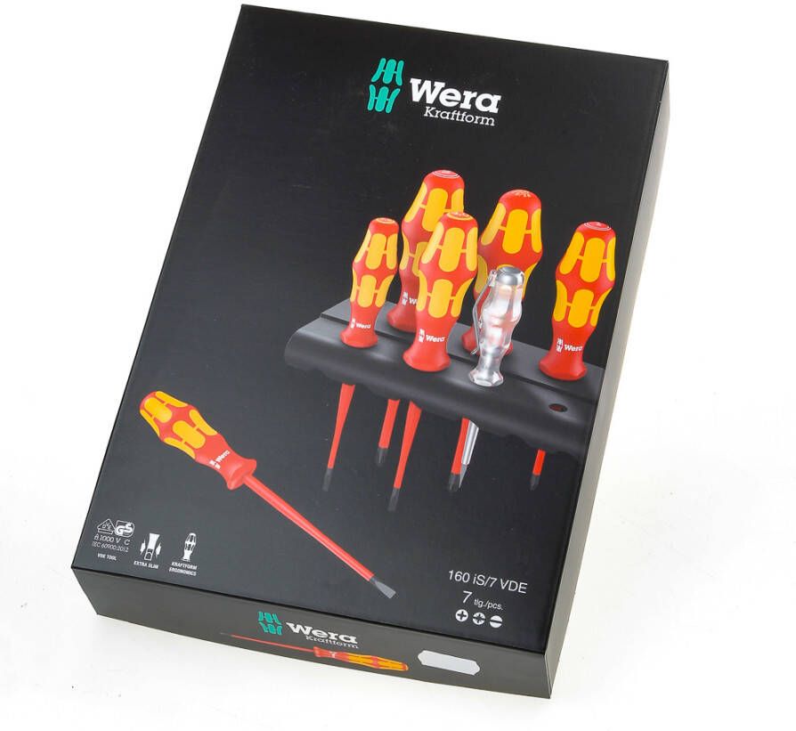 Wera 160 iS 7 Schroevendraaierset Kraftform Plus Serie 100 + Spanningszoeker + Houder. Met gereduceerde klingdiameter 7 -delig 1 stuk(s)