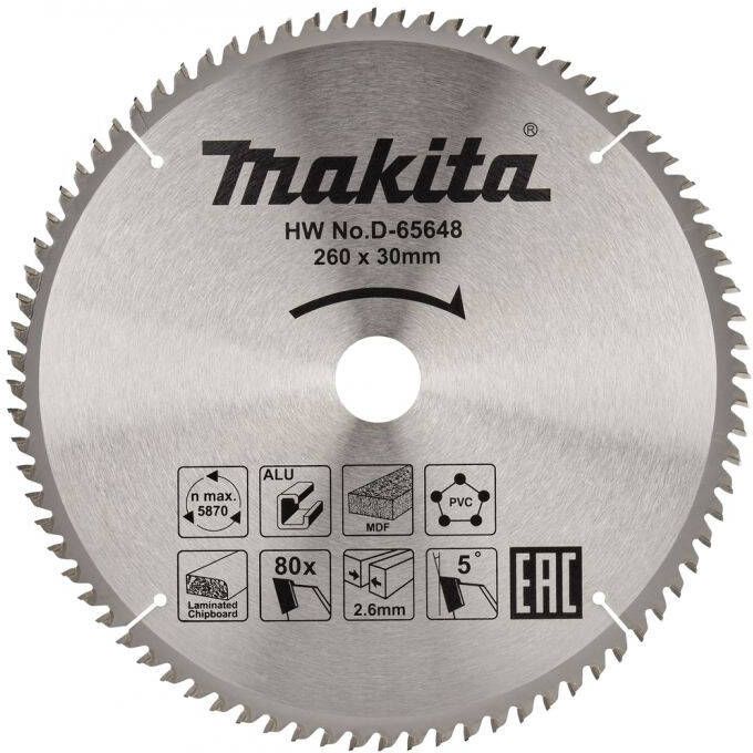 Makita Accessoires D-65648 Afkortzaagblad | div. materialen | 260x30x2 6 | 80T | 5g D-65648