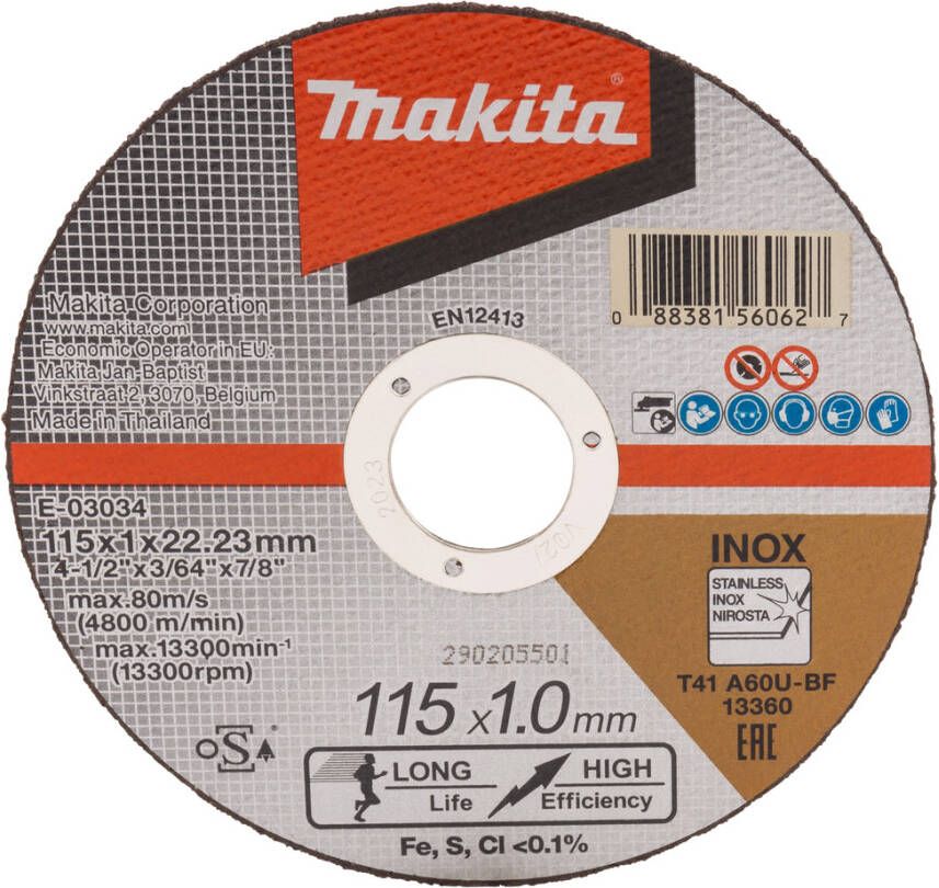 Makita E-03034-12 Doorslijpschijf 115x22 23x1 0mm RVS | Mtools