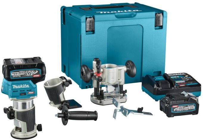 Makita RT001GM205 Boven- en kantenfrees | 40 V Max | 2 x 4.0 Ah accu + snellader | Incl. diverse voeten | In Mbox RT001GM205