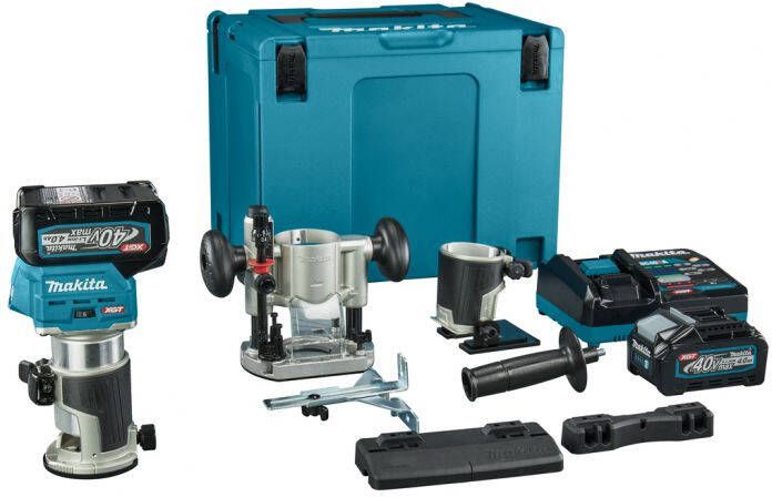 Makita RT001GM206 Boven- en kantenfrees | 40 V Max | 2 x 4.0 Ah accu + snellader | Incl. diverse voeten + geleiderail adapter | In Mbox RT001GM206