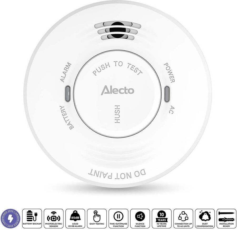 Alecto 230V Rookmelder met 5 jaar back-up batterij Wit SDV10