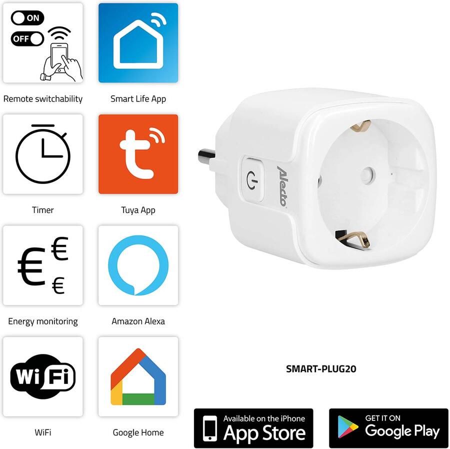 Alecto SMART-PLUG20 Slimme Wi-Fi-stekker met energiemonitor 16A 3680W SMART-PLUG20