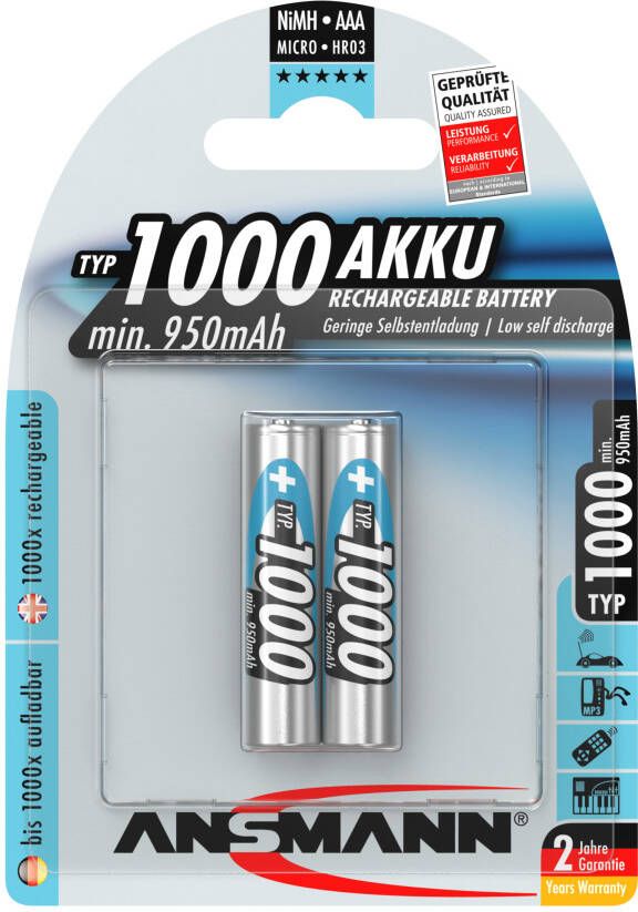 Ansmann 2 x Oplaadbare batterij | NiMH | micro AAA | 1000 mAh (min. 950 mAh) 5030892