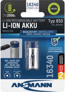 Ansmann Oplaadbare batterij | Li-Ion | 16340 | cr123a | 3 7V | 850 mAh | met micro usb-ingang 1300-0015