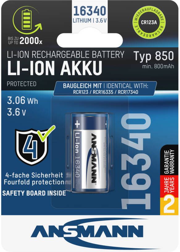 Ansmann Oplaadbare batterij | Li-Ion | 16340 | cr123a | 3 7V | 850 mAh | met micro usb-ingang 1300-0017