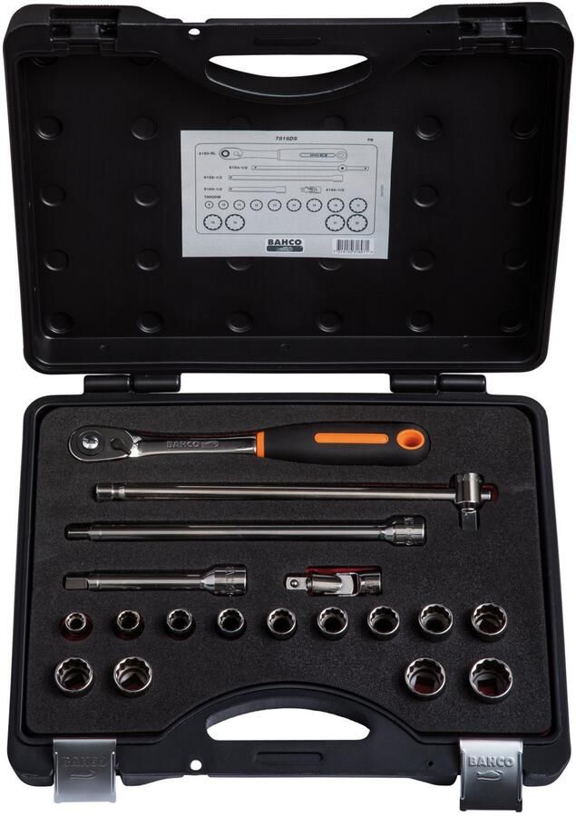 Bahco Doppenset 1 2" | omkeerbare ratel | twaalfkant | metrisch 18-delig koffer 7818DS