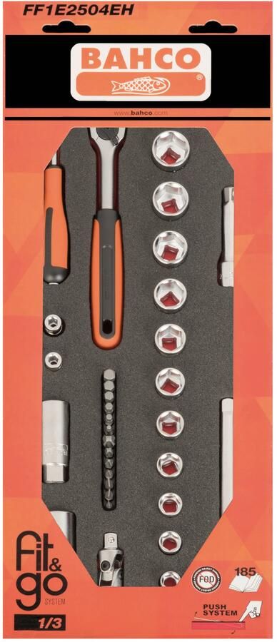 Bahco Foaminlay Fit&Go 1 3 met doppen en toebehoren 1 4" en 3 8" 33-delig retailverpakking FF1E2504EH