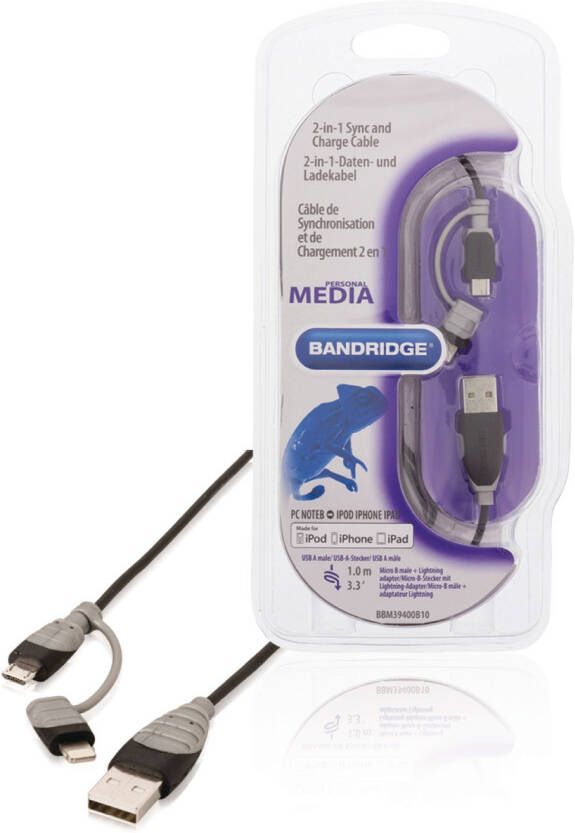Bandridge 2-in-1 Data en Oplaadkabel USB A Male naar Micro-B Male | 1 m | 1 stuks BBM39400B10