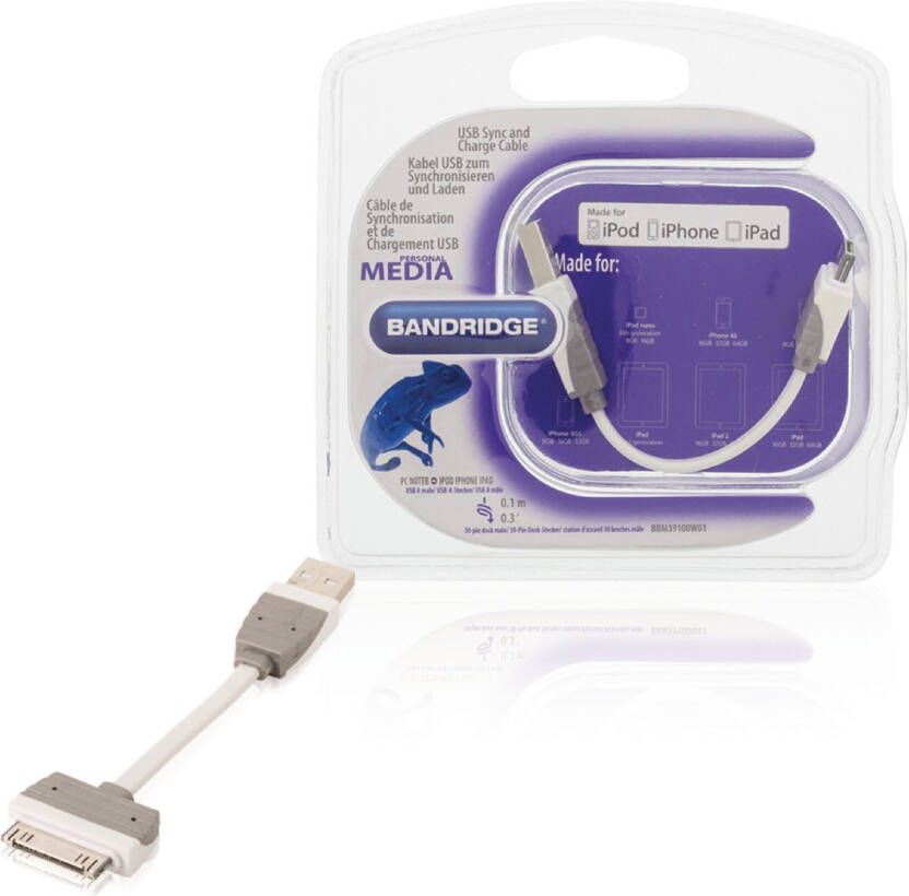 Bandridge Data en Oplaadkabel Apple Dock 30-Pins naar USB A Male 0.10 m Wit | 1 stuks BBM39100W01