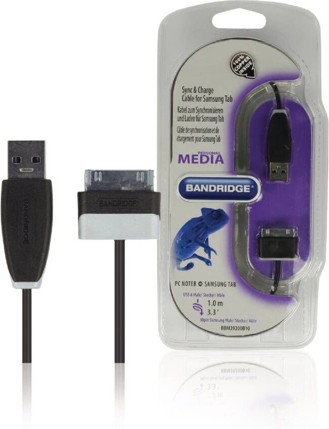 Bandridge Data en Oplaadkabel Samsung 30-Pins Male naar USB A Male 1 m Zwart | 1 stuks BBM39200B10