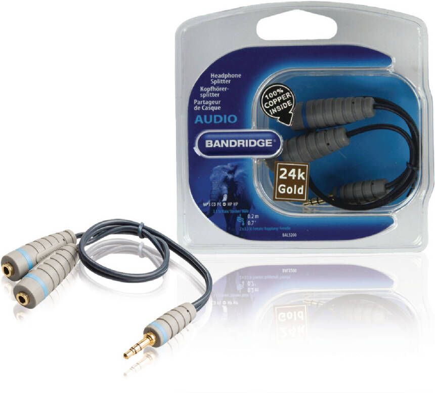 Bandridge Stereo Audiokabel 3.5 mm Male naar 2x 3.5 mm Female 0.2 m Blauw | 1 stuks BAL3200