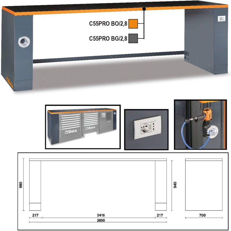 Beta 2.8-m-lange werkbank voor werkplaatscombinaties C55PRO BG 2 8 055000283