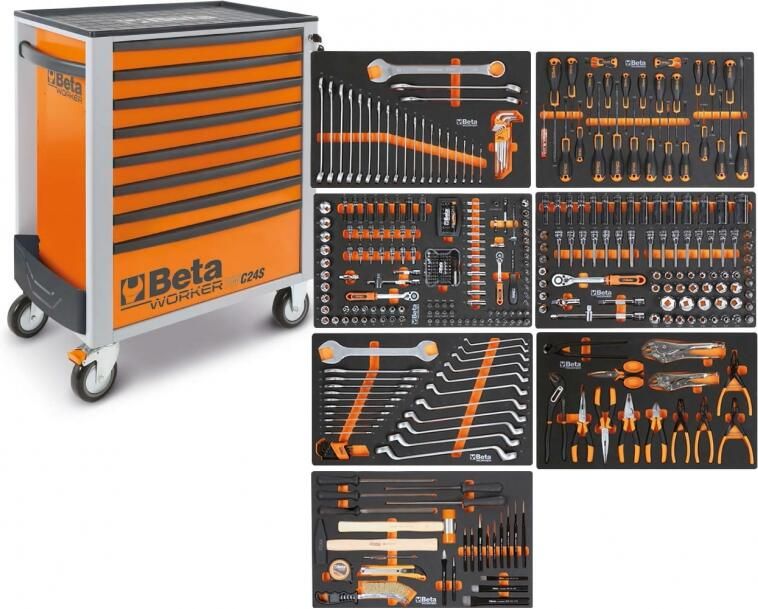 Beta BW 2400S O8 E-L Gereedschapswagen Oranje met 8 laden gevuld met gereedschap | 398 Delig 024006341