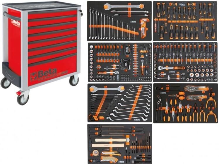 Beta BW 2400S R8 E-L Gereedschapswagen Rood met 8 laden gevuld met gereedschap | 398 Delig 024006343