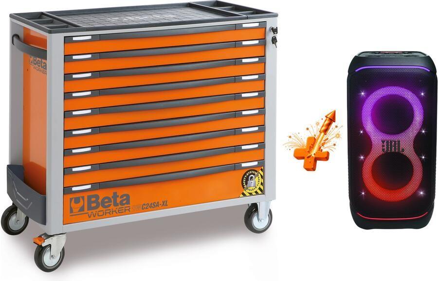 Beta BW 2400S XL9 E-XXL Gereedschapswagen Oranje met 9 Laden | 716 Delig + JBL PartyBox Stage 320 ZNLDEC033