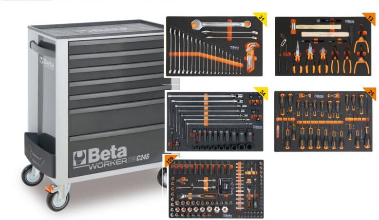 Beta BW 2400S7-G 5M Gereedschapswagen met 7 laden gevuld met gereedschap | 262 Delig 024006852