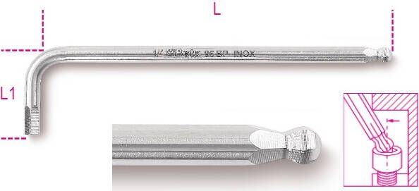 Beta Haakse zeskant stiftsleutels met kogelkop vervaardigd uit roestvast staal 96BPINOX-AS 1 4
