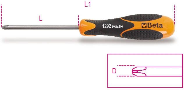 Beta Schroevendraaier voor kruiskopschroeven met Phillips profiel vervaardigd uit roestvaststaal 1292INOX 3X60 012920403