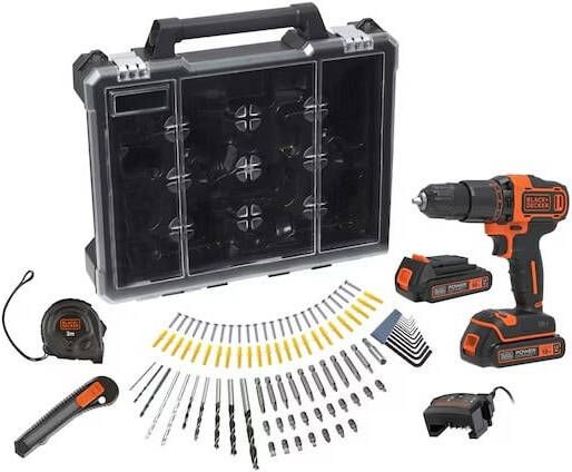 Black+Decker Accu Klopboormachine | 18V | Incl. 2x 1.5Ah accu's en 400mA oplader + 100 accessoires in opbergkoffer BCD700C2AMB-QW