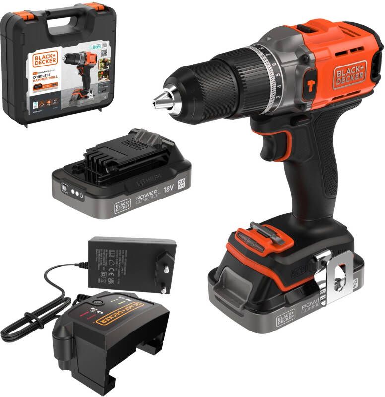 Black+Decker BCD383D2XK 18V 2x2.0Ah Schroefklopboormachine in koffer BCD383D2XK-QW