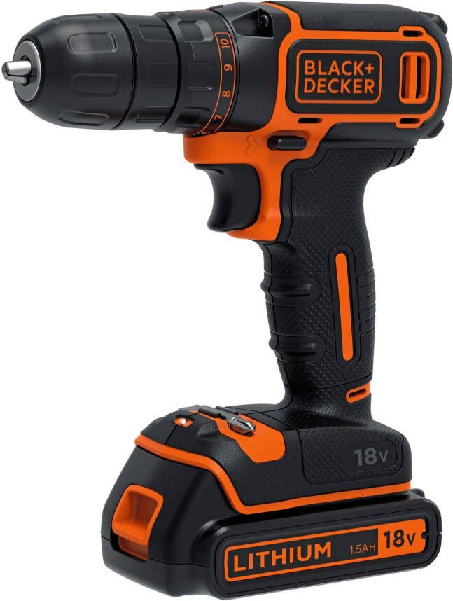 Black+Decker BDCDC18KB 18V 2x1.5Ah Schroefboor 1 snelh | 2x 18V 1.5Ah accu&apos;s + 400mA Lader | In koffer BDCDC18KB-QW