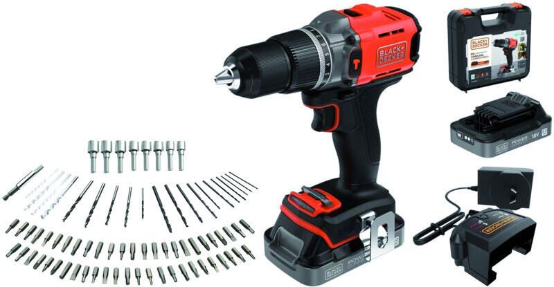 Black+Decker 18V accu klopboormachine met 2x 18V 2.0Ah accu en 80 accessoires in koffer BCD383D2XKA-QW