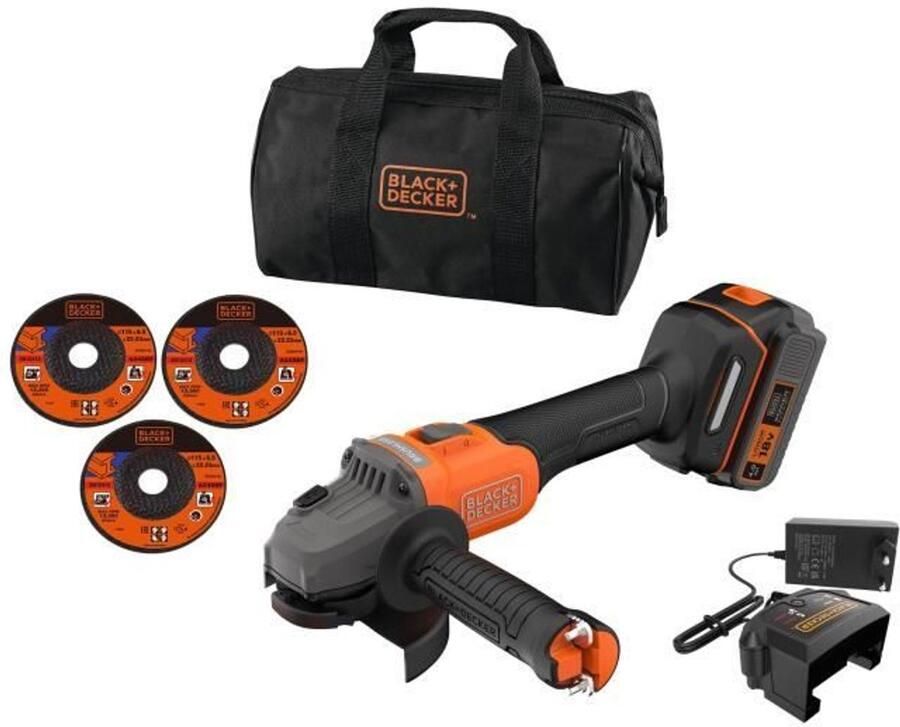 Black+Decker BCG6L8F1S Accu Haakse Slijper | 18V | 115 mm | 1x 4.0Ah accu + Lader + Accessoires BCG6L8F1S-QW