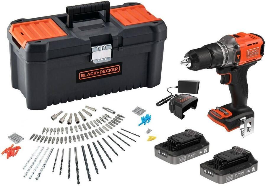 Black+Decker KIT: 18V Accu Klopboormachine met 2x 18V 2.0Ah accu en lader en 120 accessoires in koffer BCD383D2TA-QW