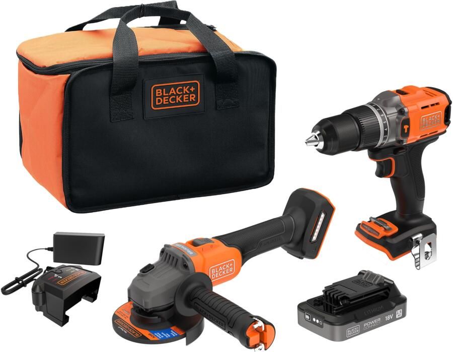 Black+Decker KIT: 18V schroefklopboor en Brushless haakse slijper met 1x18V 2 5Ah accu en accessoire BCK24E1SB-QW