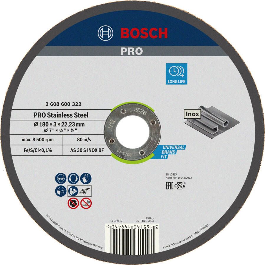 Bosch Accessoires Doorslijpschijf recht Expert for Inox AS 30 S INOX BF 180 mm 22 23 mm 3 0 mm 1 stuks 2608600322