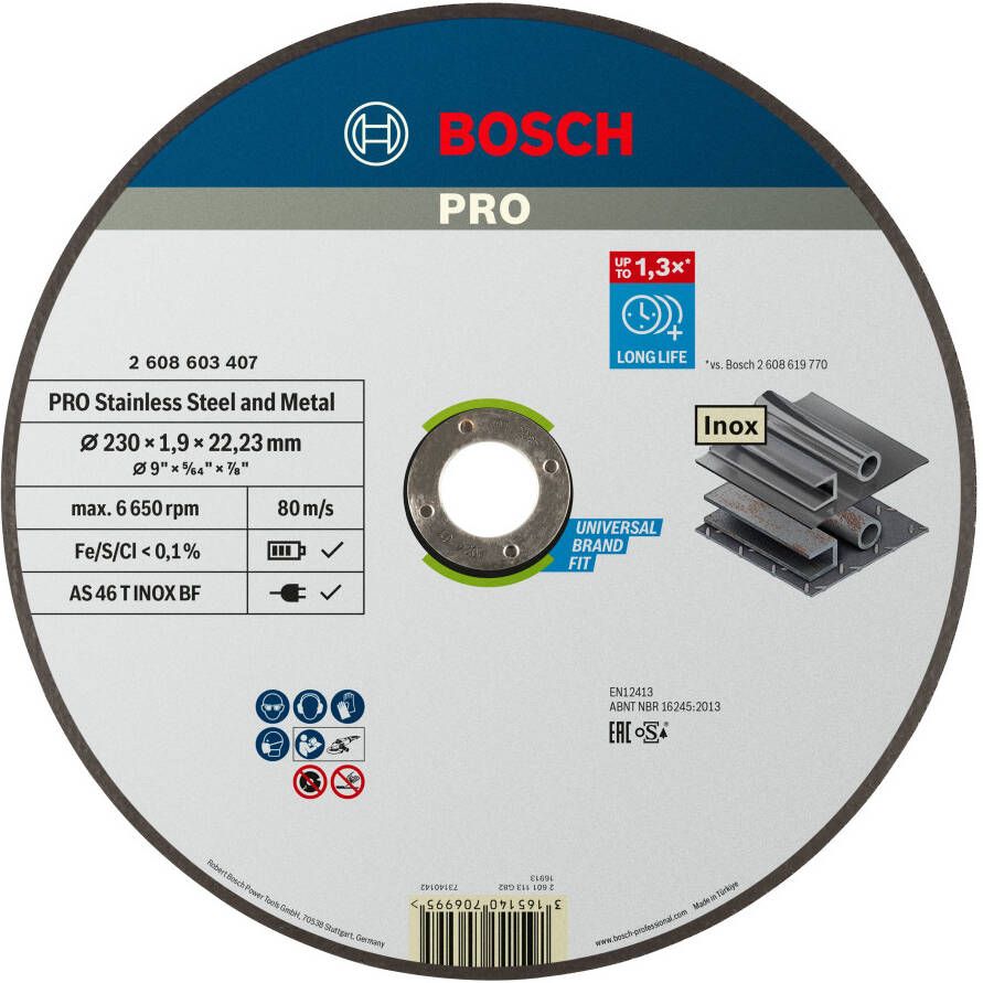 Bosch Accessoires Doorslijpschijf recht Expert for Inox Rapido AS 46 T INOX BF 230 mm 22 23 mm 1 9 mm 1 stuks 2608603407