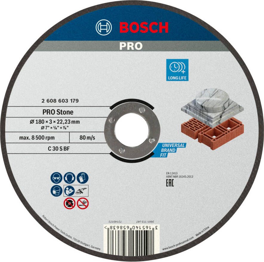 Bosch Accessoires Doorslijpschijf recht Standard for Stone C 30 S BF 180 mm 22 23 mm 3 0 mm 1 stuks 2608603179