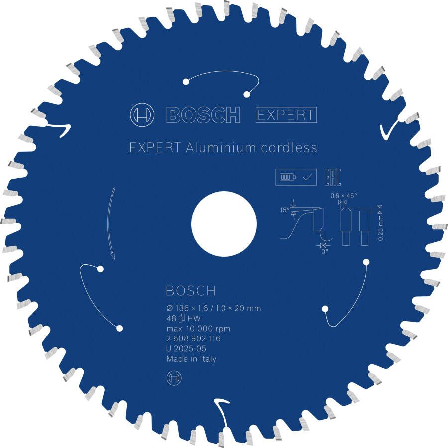 Bosch Accessoires EXPERT Aluminium cordless Cirkelzaagblad | 136 x 1 6 1 x 20 mm | T48 2608902116