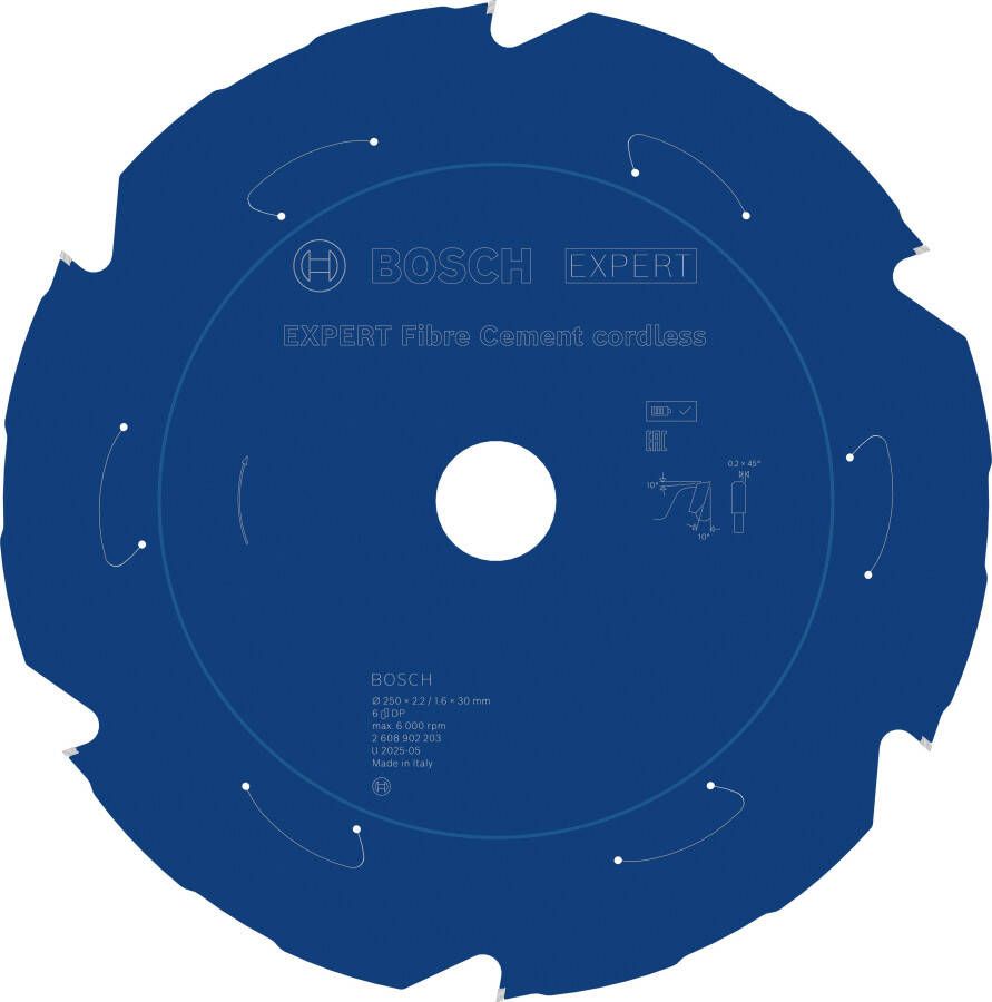 Bosch Accessoires EXPERT Fibre Cement cordless-Cirkelzaagblad | 250 x 2 1 6 x 30 mm | T6 2608902203