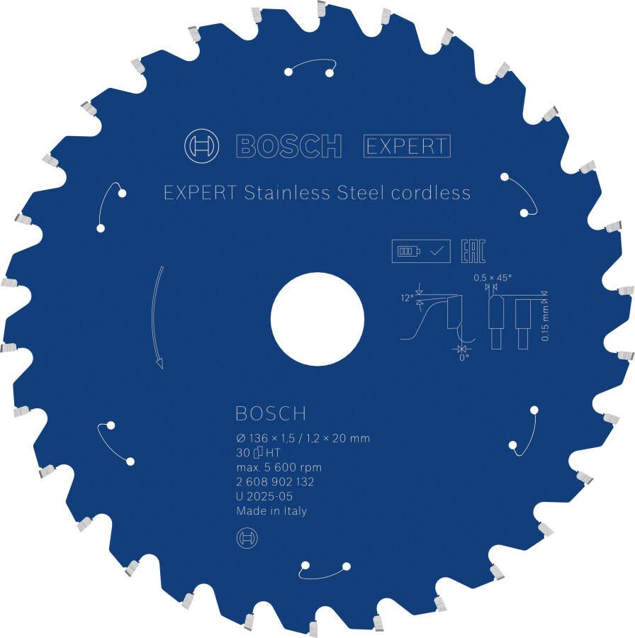 Bosch Accessoires EXPERT Stainless Steel cordless Cirkelzaagblad | 136 x 1 5 1 2 x 20 mm | T30 2608902132