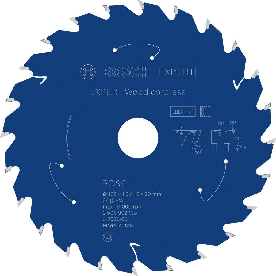 Bosch Accessoires EXPERT Wood cordless Cirkelzaagblad | 136 x 1 5 1 x 20 mm | T24 2608902138