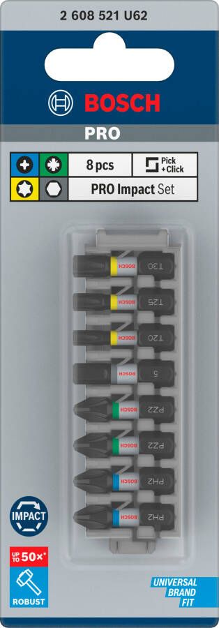 Bosch Accessoires PRO Impact schroefbitset | PH2 (x2); PZ2 (x2); H5; T20; T25; T30 | 25 mm | 8 stuks 2608521U62