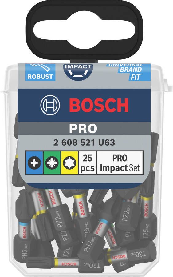 Bosch Accessoires PRO Impact schroefbitset | PH2 (x5) | PZ2 (x5) | T20 (x5) | T25 (x5) | T30 (x5) | 25 mm | 25 stuks 2608521U63