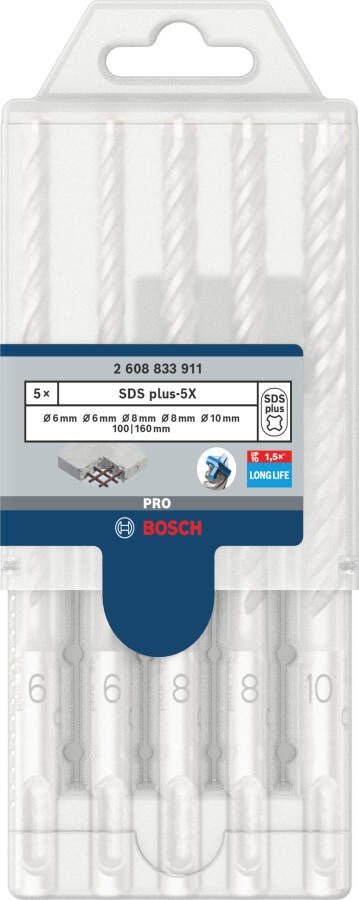 Bosch Accessoires PRO SDS plus-5X Hammer Drill Bit Set | 6 6 8 8 10 mm | 5 pcs 2608833911